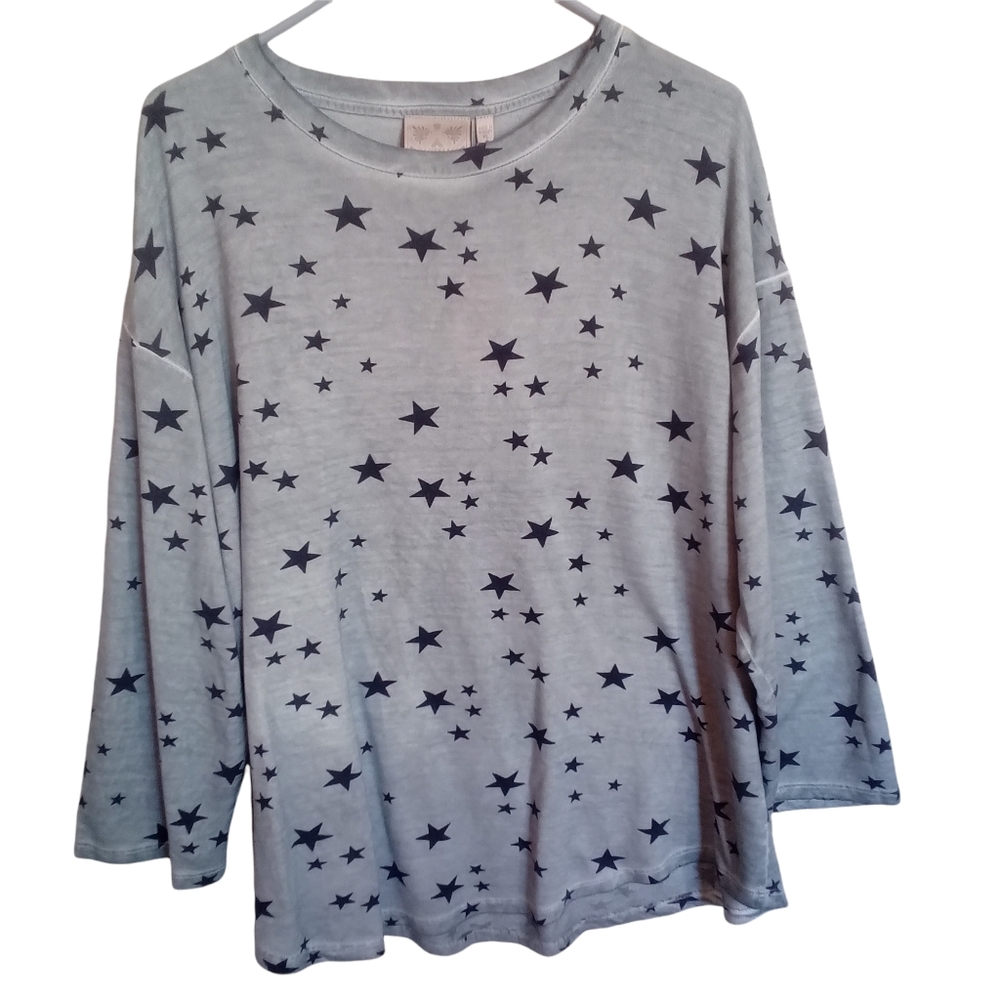 Dantelle Blue Stars Print Crew Neck Long Sleeve Top XL Special Oil Dye MSPR $48